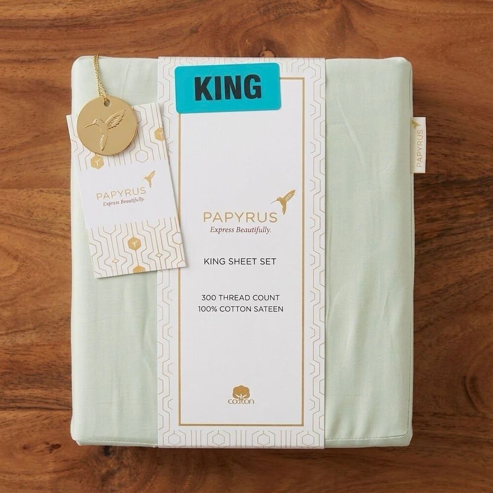 NWT Papyrus 100% Cotton Sateen King Sage Green 4 Pc 18” Deep Pocket Sheet Set